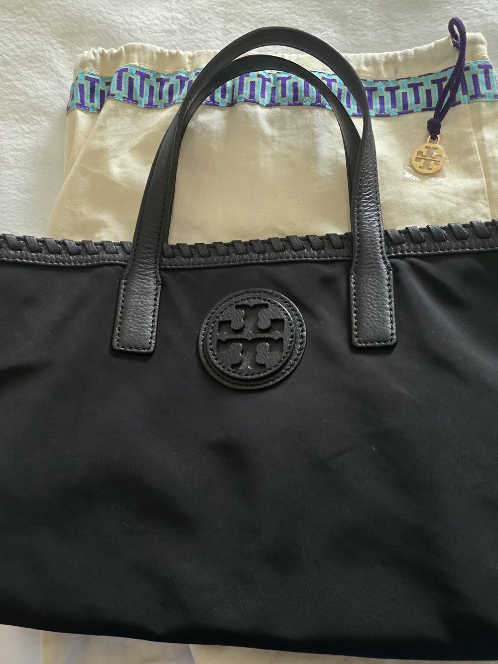 Tory Burch Black Nylon Logo Tote with Leather Trim